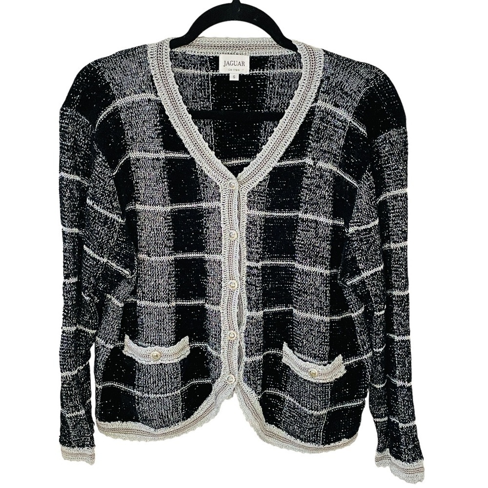 𝅺VINTAGE Black & White Plaid Silver Sparkle Cardigan Sweater SZ Small